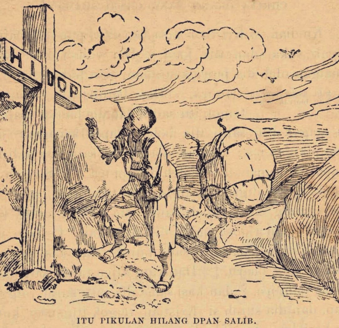 His burden fell away at the cross. Image reproduced from Bunyan, J. (1905). Chrita orang yang chari slamat, p. 47. All rights reserved, American Mission Press, 1905.
